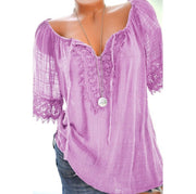 V-neck solid color lace stitching loose large size women's short-sleeved T-shirt