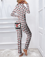 Christmas Graphic Plaid Print Functional Buttoned Flap Adults Pajamas