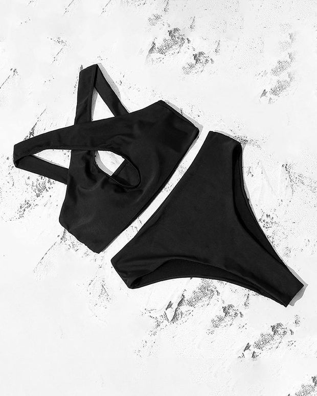Solid Cross Strap Cut-out Cropped Tanks With Panties Bikini Sets - Xmadstore