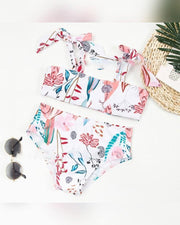 Floral Print Strappy Bra With Panties Bikini Sets - Xmadstore