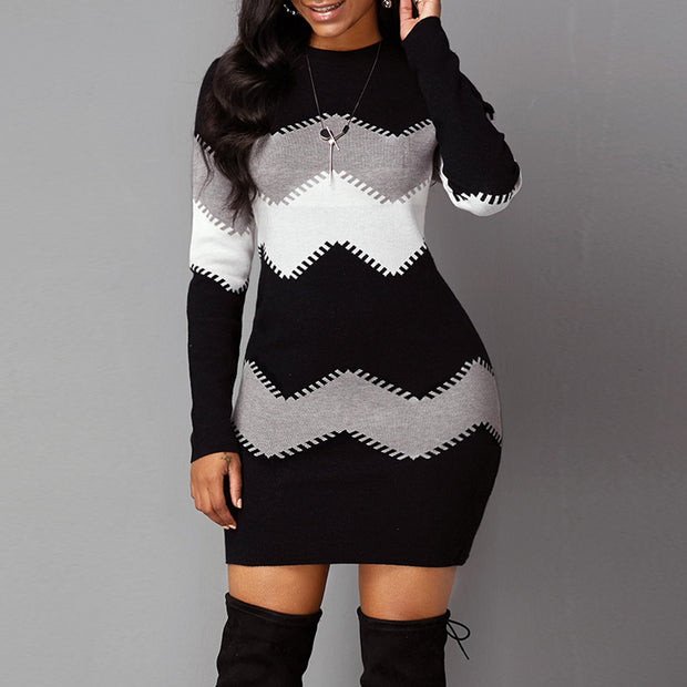 Mid-length round neck long-sleeved knit bag hip bottoming dress