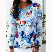 V-neck printed loose butterfly long-sleeved T-shirt women