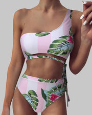 Floral Pritn One Shoulder Strappy Tanks With Panties Bikini Sets - Xmadstore