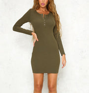 Fashion simple sexy long-sleeved V-neck metal buckle tight-fitting  bodycon dress