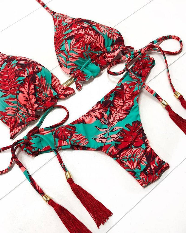 Spaghetti Strap Halter Tropical Print Bikini Set - Xmadstore