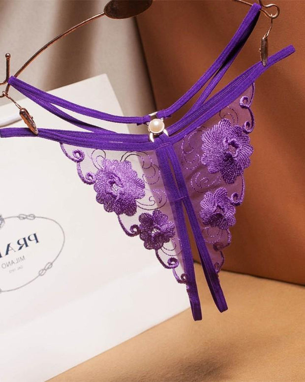 See-through Mesh Splicing Embroidery Pearl Thong Panties - Xmadstore