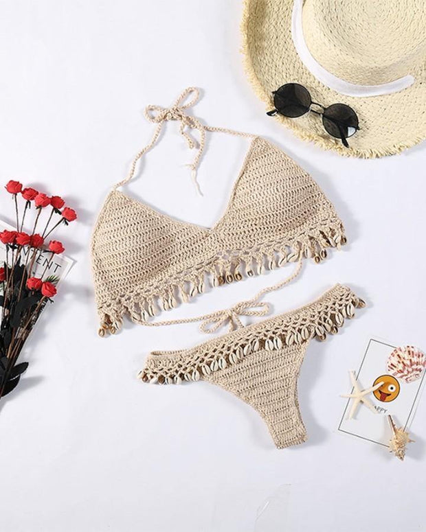 Solid Strap Tassel Patchwork Knitted Strap Bra With Panties Sexy Sets - Xmadstore
