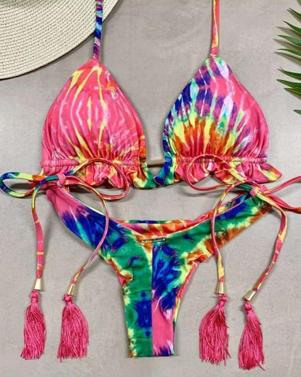 Multicolor Tie Dye Strap Bra With Panties Bikini Sets - Xmadstore