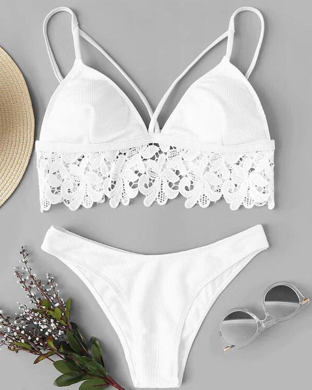 Solid Color Splicing Floral Lace Sling 2-Piece Bikini Sets - Xmadstore