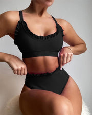 Solid Strap Ruffles Bra With Panties Bikini Sets - Xmadstore