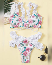 Floral Print Ruffles Strap Bra With Panties Bikini Sets - Xmadstore