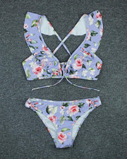Ruffles Floral Print Strappy Bra With Panties Bikini Sets - Xmadstore