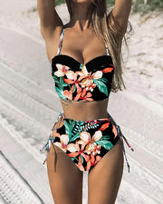 Floral Print Strap Skinny Cropped Tans With Panties Bikini Sets - Xmadstore