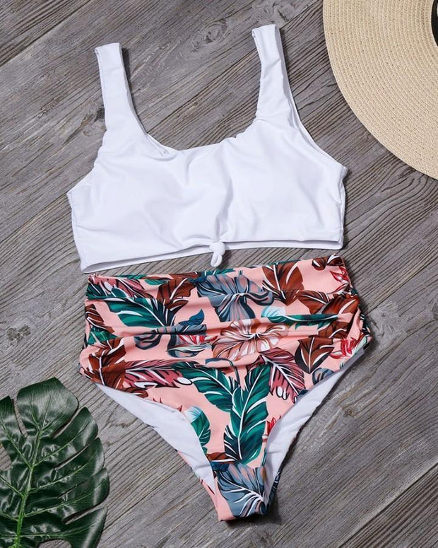 Solid Sleeveless Tanks With High Waist Floral Panties Bikini Sets - Xmadstore