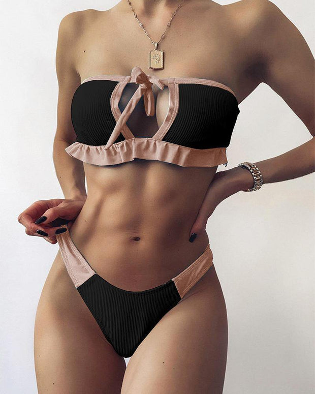 Ruffles Patchwork Strappy Cut-out Tube With Panties Bikini Sets - Xmadstore