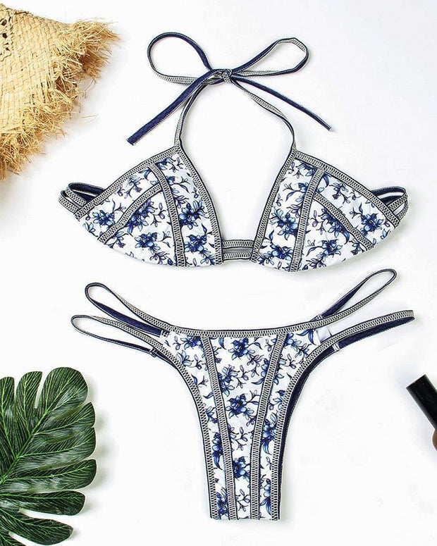 Blue and white porcelain Print Hollow-out Bikini - Xmadstore