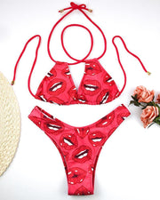 Rouge Lip Print Strap Bra With Panties Bikini Sets - Xmadstore