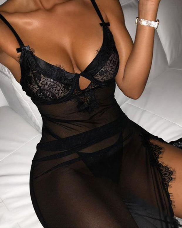 Contrast Lace Split Thigh Babydoll Slips With Thong