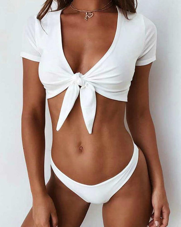 Solid Short Sleeve Strappy Blouse With Panties Bikini Sets - Xmadstore