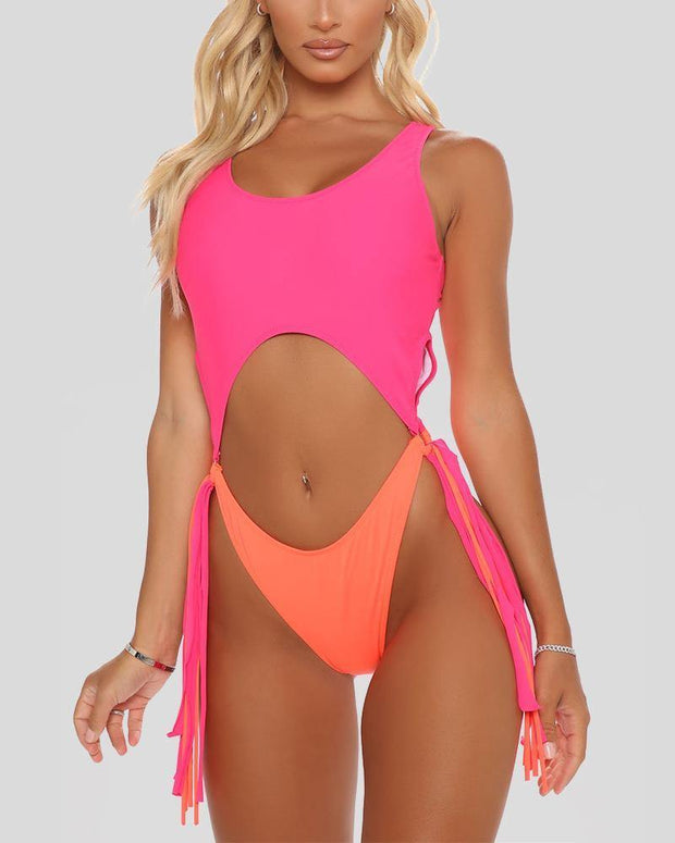 Colorblock Patchwork Cut-out Sleeveless Skinny One-piece Swimwear - Xmadstore
