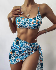 Multicolor Leopard Strap Bra With Panties And Scarf Bikini Sets - Xmadstore