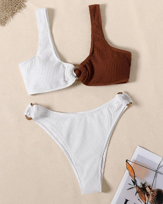 Colorblock Patchwork Strap Bra With Panties Bikini Sets - Xmadstore