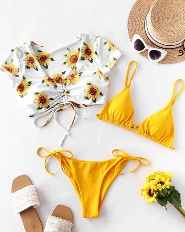 Solid Bra With Panties And Sunflower Short Sleeve Cropped T-shirts Bikini Sets - Xmadstore