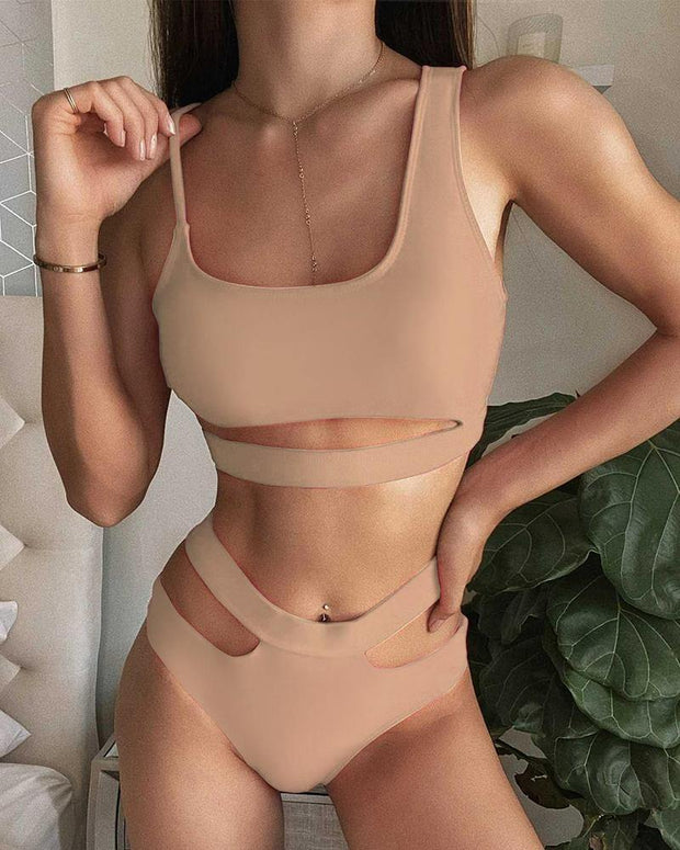 Solid Sleeveless Cut-out Bra With Panties Bikini Sets - Xmadstore