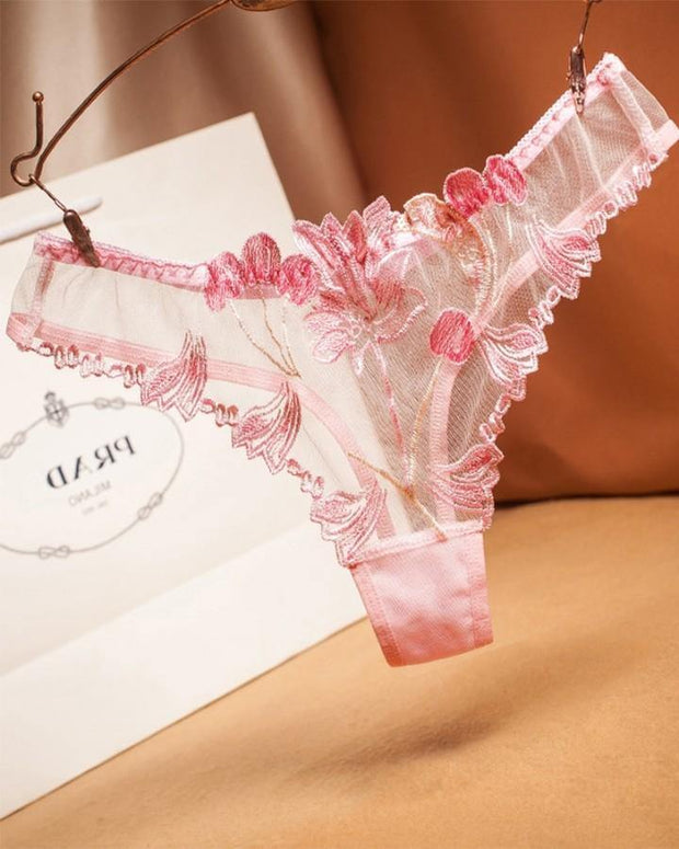 See-through Mesh Splicing Embroidery Thong Panties - Xmadstore