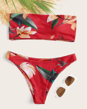 Floral Print Sleeveless Skinny Bandeau With Panties Bikini Sets - Xmadstore