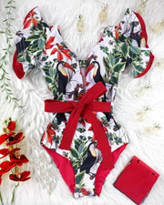 Floral Print Ruffles Short Sleeve Skinny Bowknot  One-piece Swimwear - Xmadstore