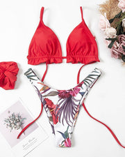 Colorblock Ruffles Bra With Floral Print Panties And Hair Band Bikini Sets - Xmadstore