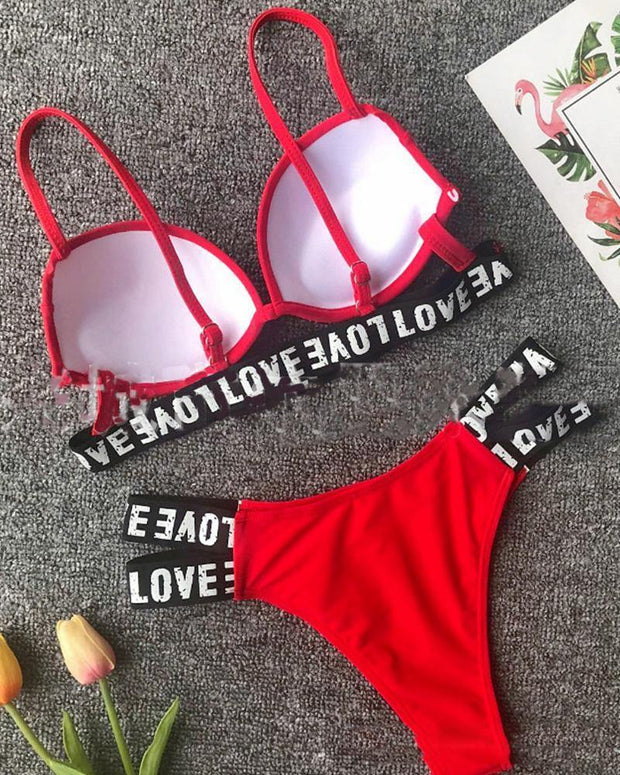 Letter Banded Strap Bra With Panties Bikini Sets - Xmadstore