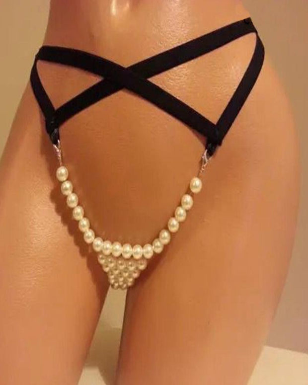 Skinny Splicing Pearl Chain Thong Panties
