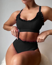 Solid Strap Ruffles Bra With Panties Bikini Sets - Xmadstore