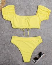 Solid Short Sleeve Skinny Strappy Bra With Panties Bikini Sets - Xmadstore
