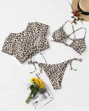 Leopard Short Sleeve Skinny Cropped Tops And Bra With Strappy Panties Bikini Sets - Xmadstore