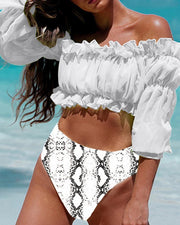 Solid Chiffon Long Sleeve Blouse With Snakeskin Panties Bikini Sets - Xmadstore