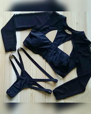 Solid Mesh Long Sleeve Blouse With Panties Bikini Sets - Xmadstore