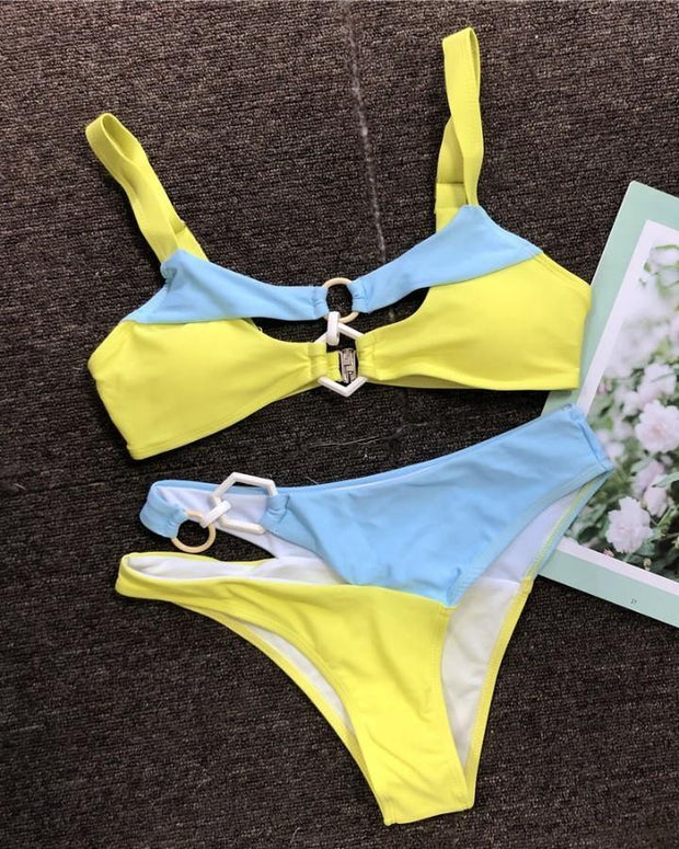 Colorblock Strap Bra Wit Panties Bikini Set - Xmadstore