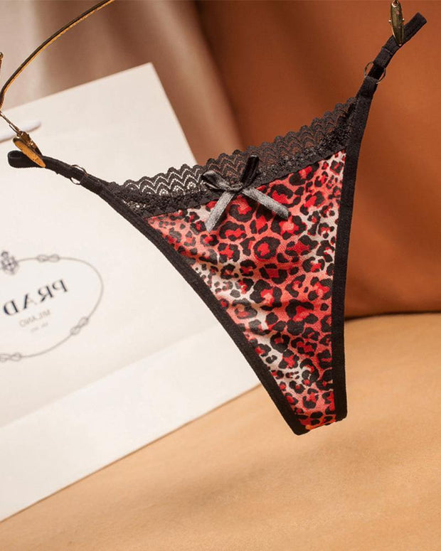Sexy Leopard Splicing Lace Bow Thong Panties - Xmadstore