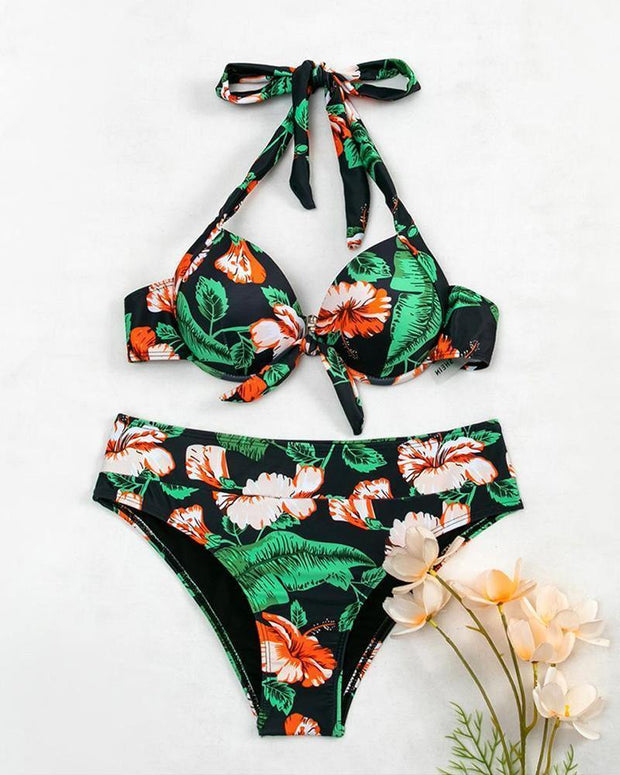 Sexy Floral Print Halter Bikini - Xmadstore