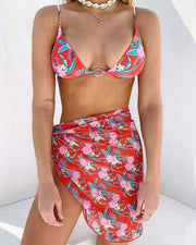 Floral Print Strap Bra With Panties And Apron Bikini Sets - Xmadstore