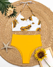 Leaf Print Halter TanksWith High Waist Panties Bikini Sets - Xmadstore