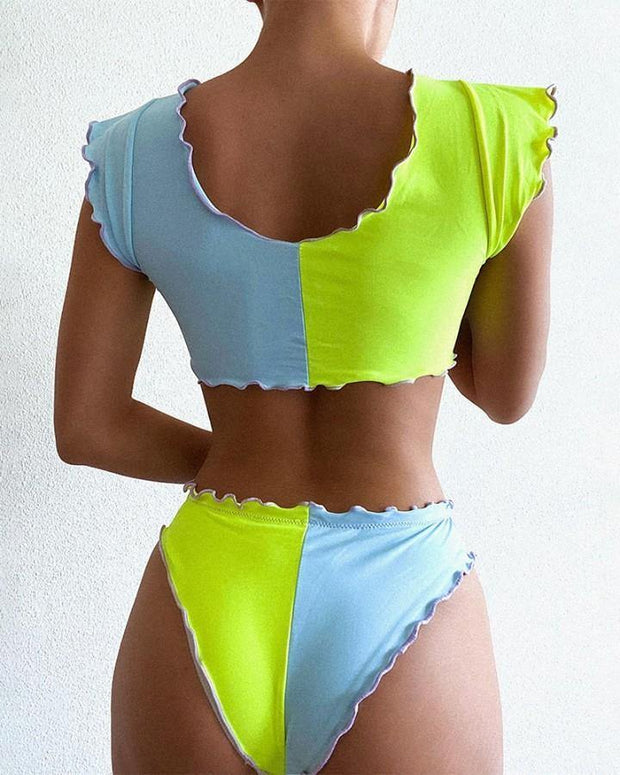Colorblock Sleeveless Strappy Cropped Tops With Panties Bikini Sets - Xmadstore