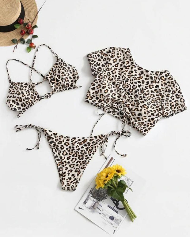 Leopard Short Sleeve Skinny Cropped Tops And Bra With Strappy Panties Bikini Sets - Xmadstore