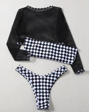 Solid Fishnet Long Sleeve Cropped Tops With Plaid Bikini Sets - Xmadstore