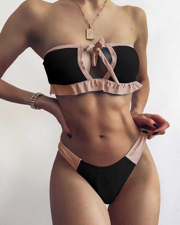Ruffles Patchwork Strappy Cut-out Tube With Panties Bikini Sets - Xmadstore