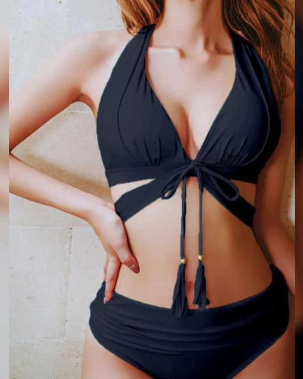 Solid Sleeveless Skinny Strappy Bra With Panties Bikini Sets - Xmadstore