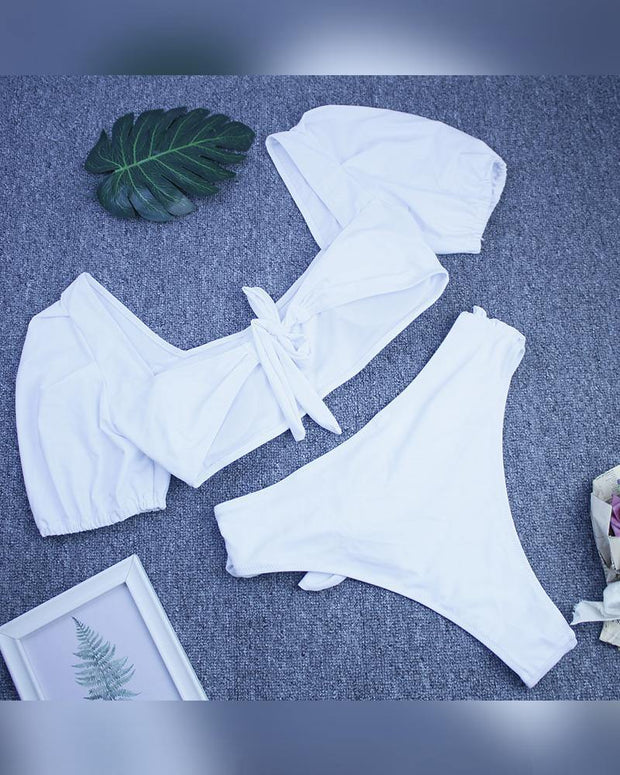 Solid Puff Sleeve Strappy Blouse With Panties Bikini Sets - Xmadstore